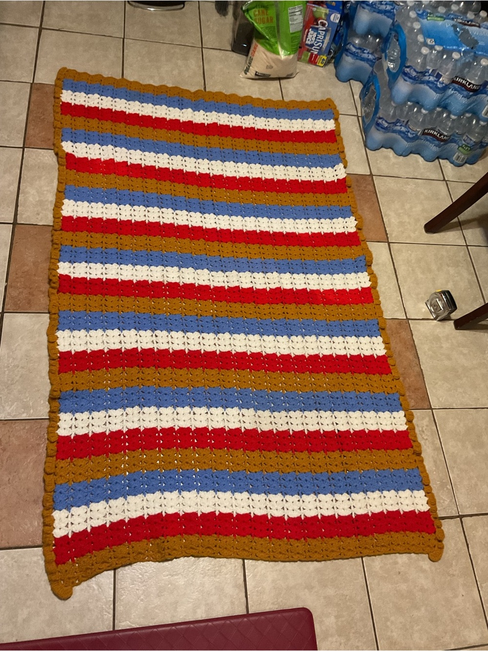 Handmade Striped Crochet Throw - Red, White, Blue & Mustard